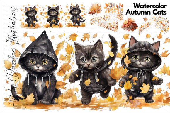 Cute Baby Cats in Autumn Rain Kittens: A Versatile Watercolor Illustration Set for Fall-Themed Creations