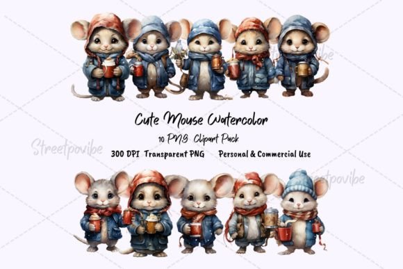 Cute Mouse Watercolor Clipart PNGs Pack for Creative Projects