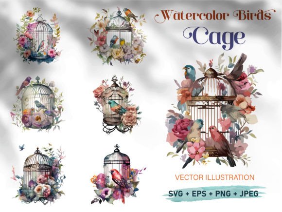 Flowered Bird Cage Watercolor Set: A Versatile Design Resource for Creative Projects