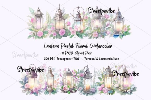 Pastel Vintage Lantern Watercolor Clips: A Versatile Design Resource for Creative Projects